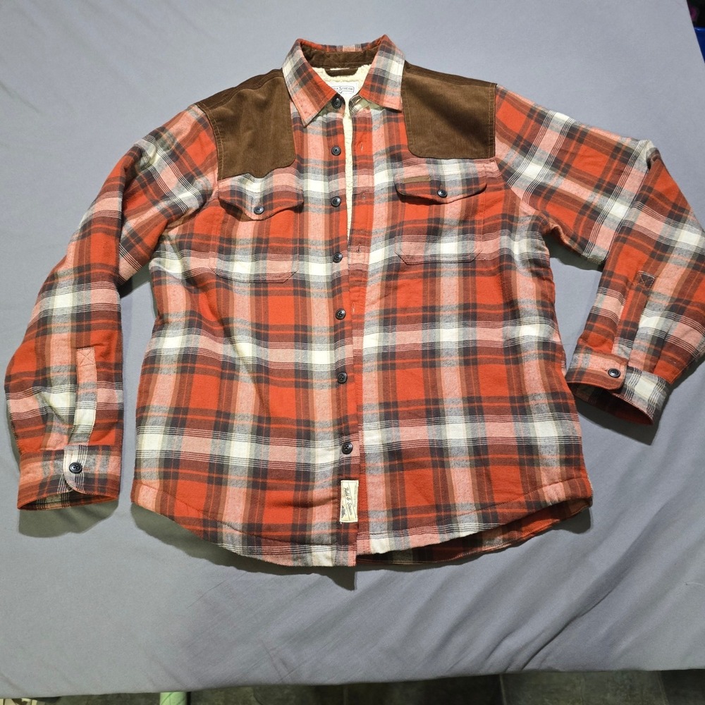 Field & Stream Shirt Jacket Mens Medium Red Plaid Sherpa Lined Corduroy‎ Trim